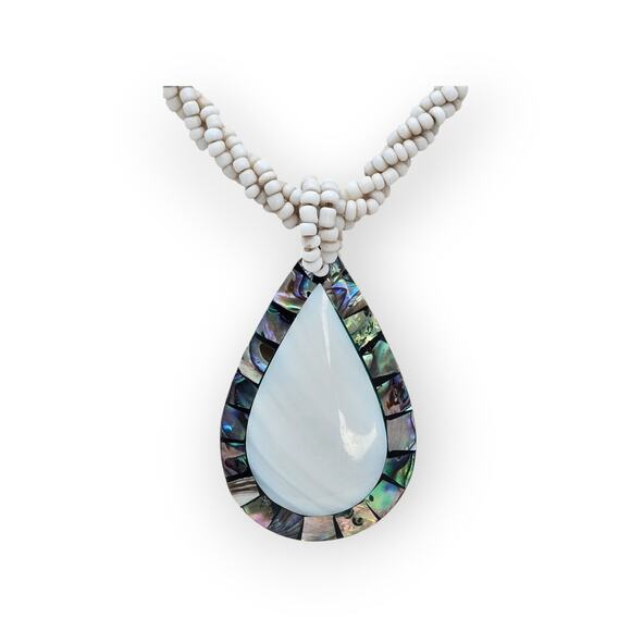 Boho Abalone Mosaic Teardrop Pendant Necklace – White Beaded Rope - Picture 4 of 10